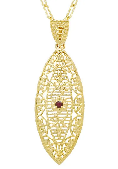 Art Deco Dangling Leaf Filigree Ruby Necklace in Yellow Gold Over Sterling Silver