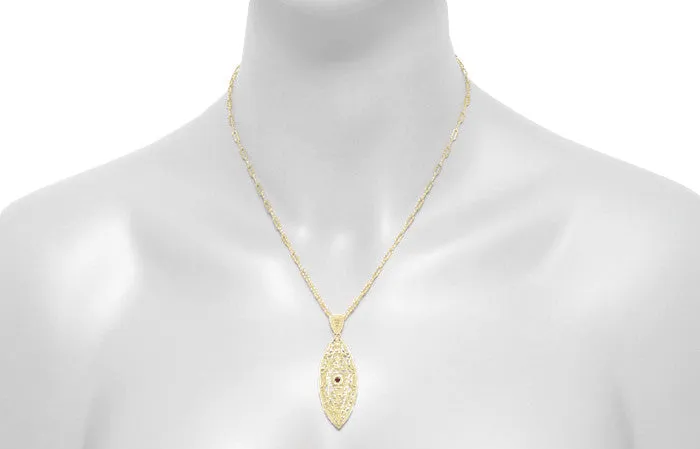 Art Deco Dangling Leaf Filigree Ruby Necklace in Yellow Gold Over Sterling Silver