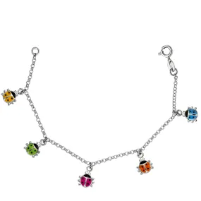 Baby Bracelet With Colorful Dangling Ladybug Charms In Sterling Silver - 6 Inches