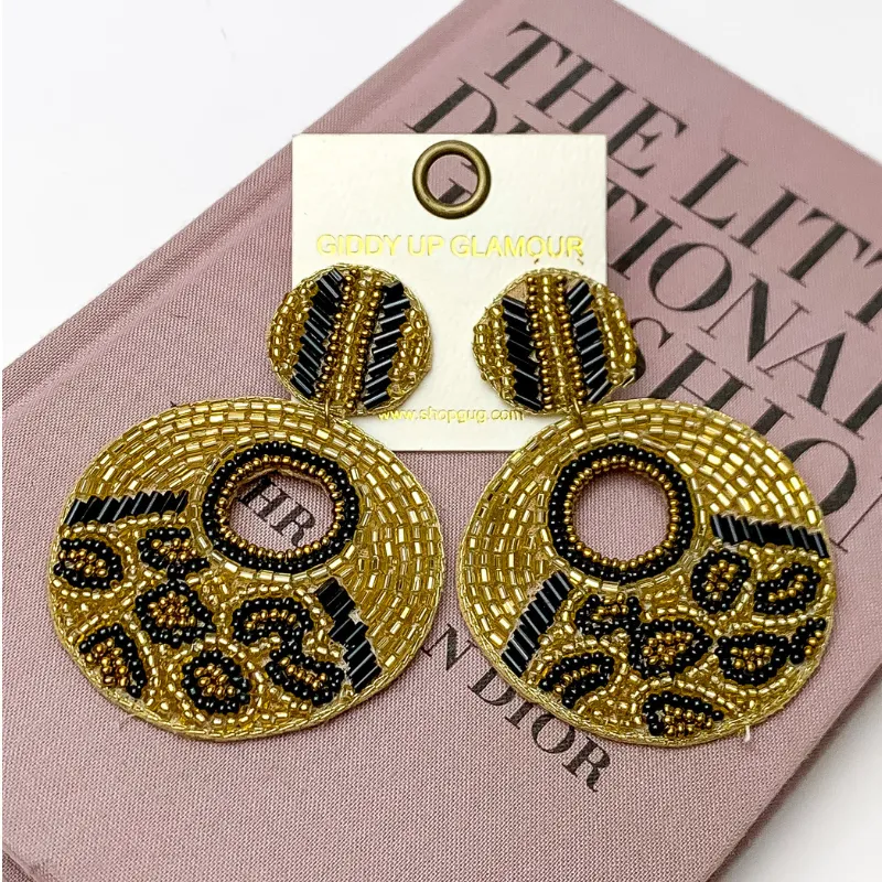 Beaded Leopard Dangle Earrings in Gold Tone