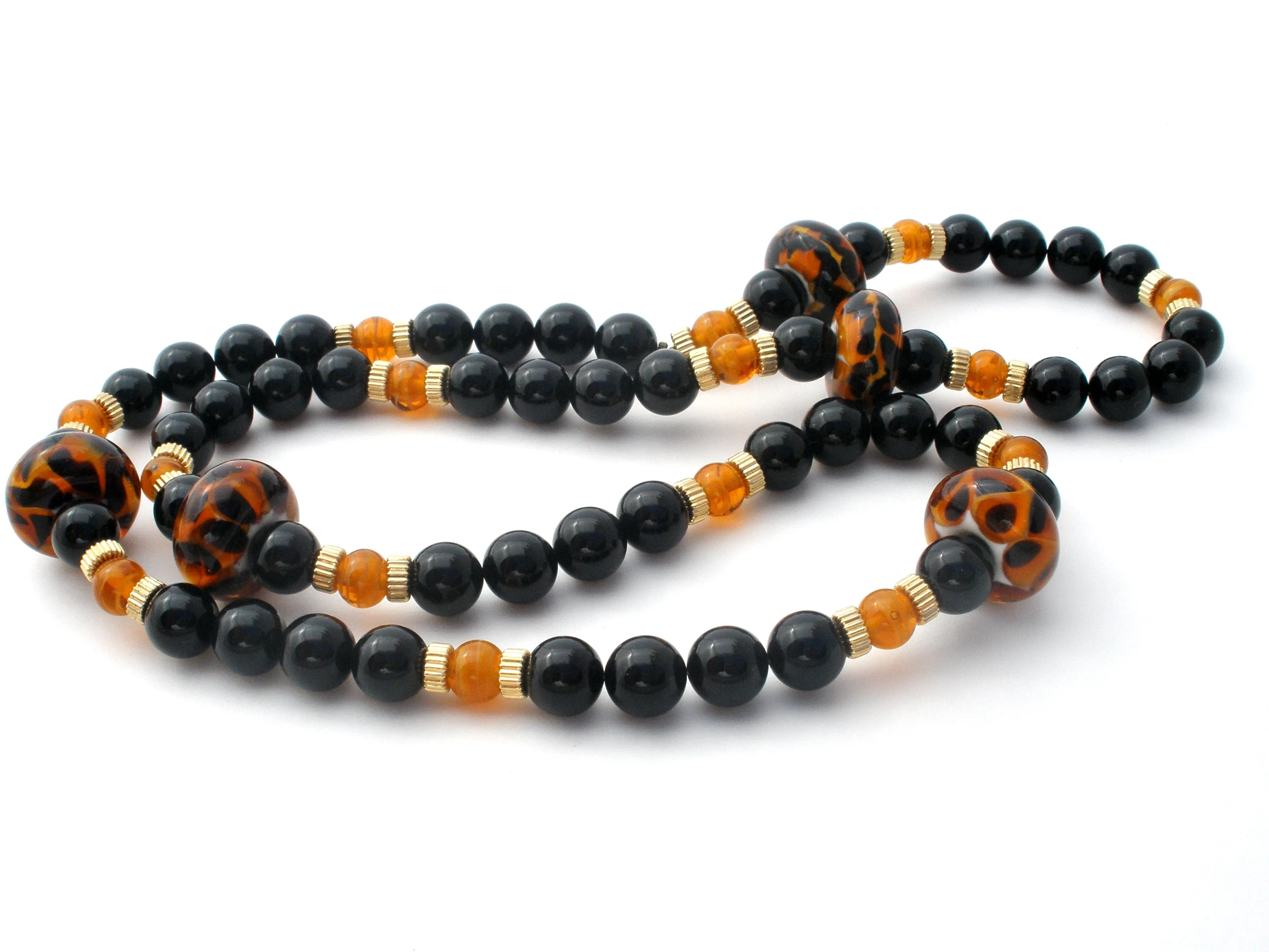 Black Onyx Bead Necklace with Amber Art Glass