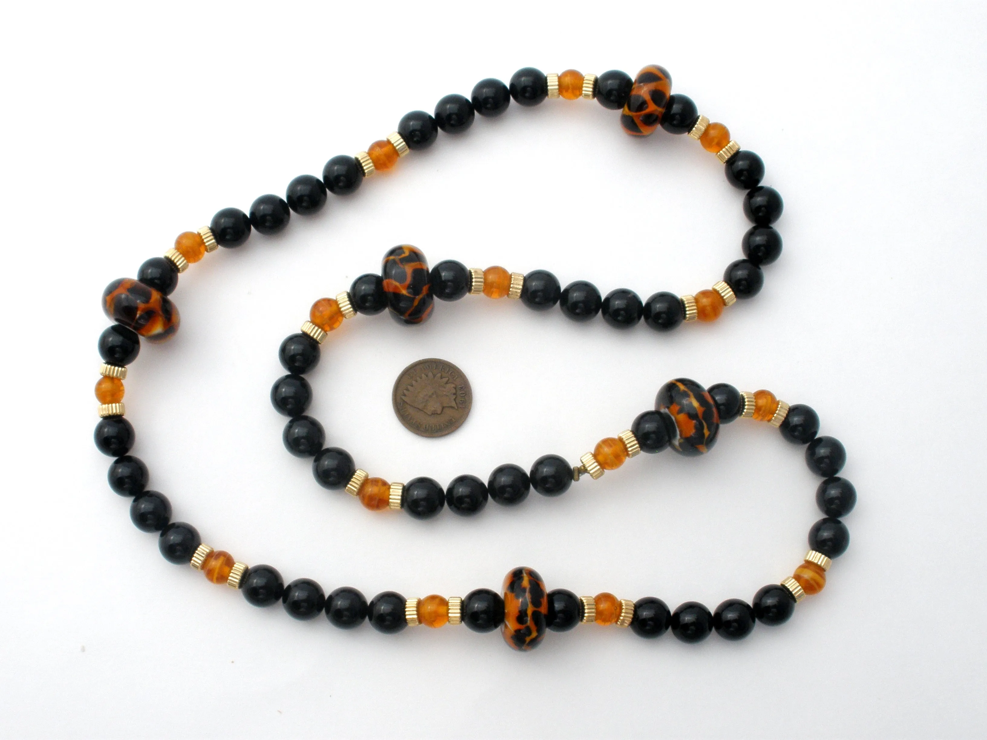 Black Onyx Bead Necklace with Amber Art Glass