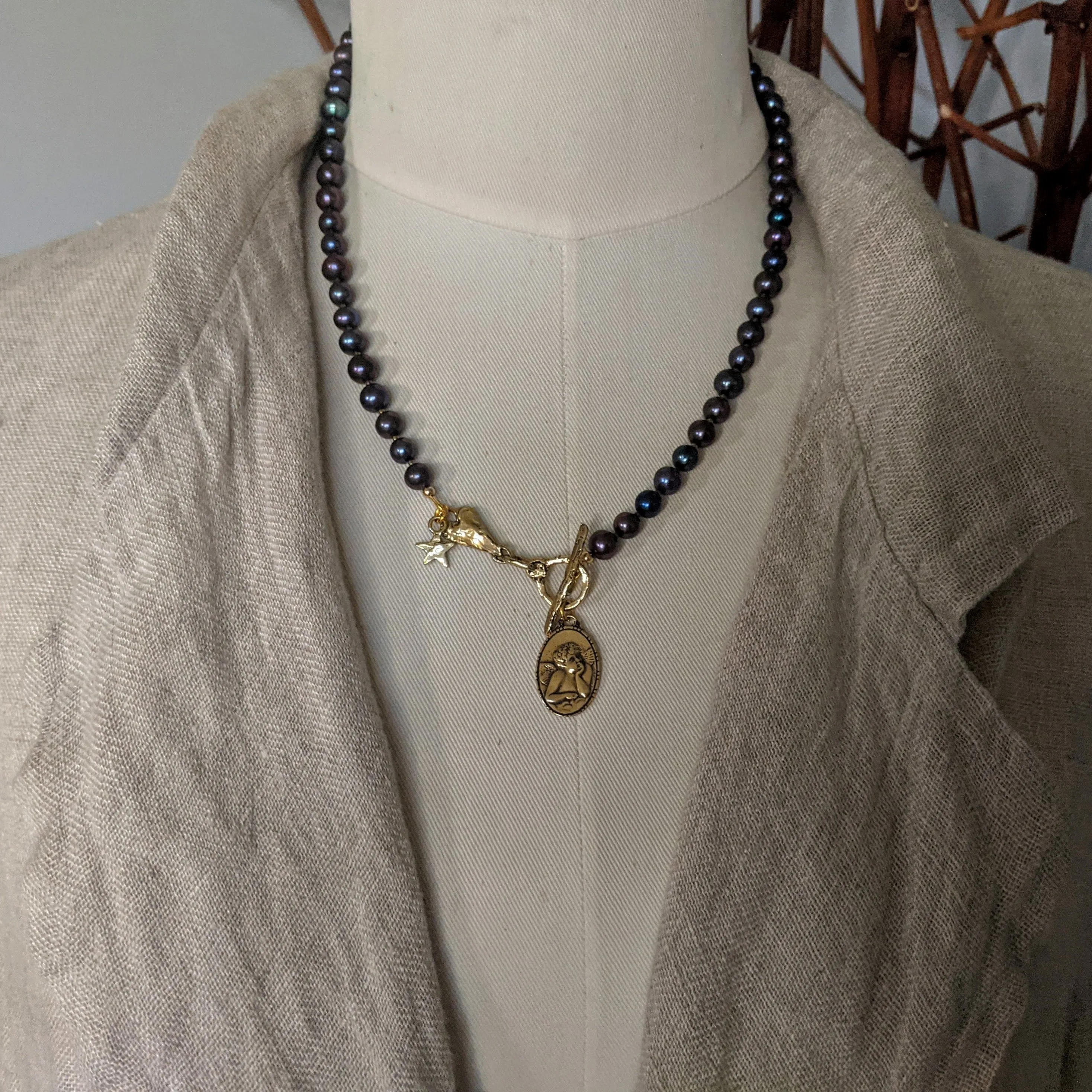 Black Pearl Necklace & Angel Cherub Rafael Pendant