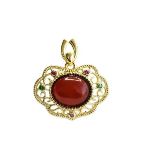 Blood Amber Ruyi Pendant with Sterling Silver Frame and Beeswax Gem