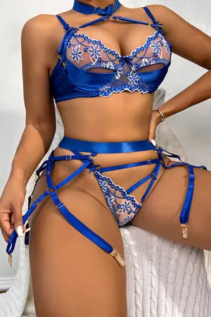 Blue Peek-A-Boo Satin and Lace Bra, Thong and Garter Set