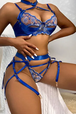 Blue Peek-A-Boo Satin and Lace Bra, Thong and Garter Set