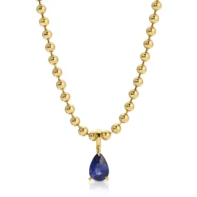 BLUE SAPPHIRE PEAR PENDANT ON BALL CHAIN