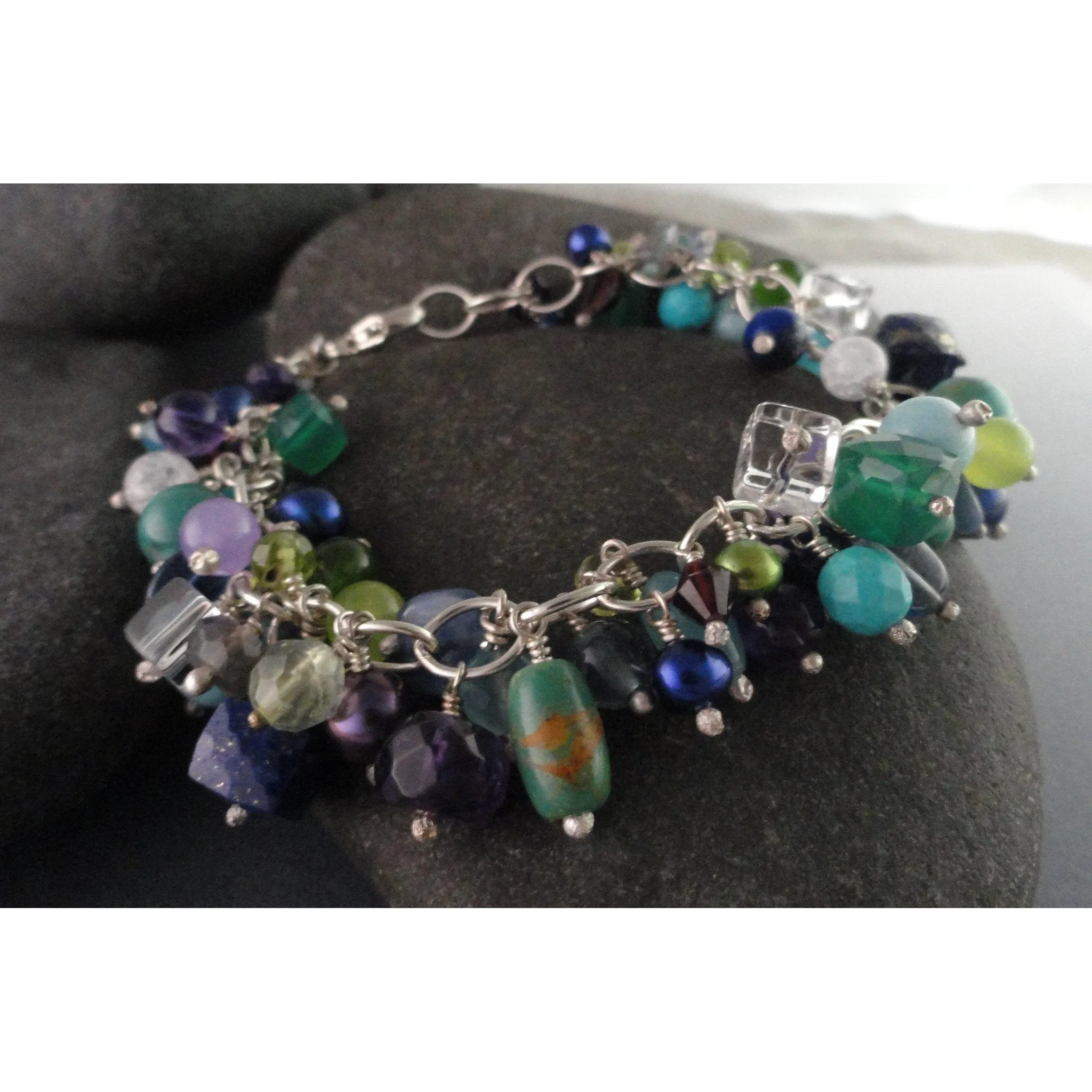 Blues, Green, Purples Sterling Silver Multi-Beaded Bracelet