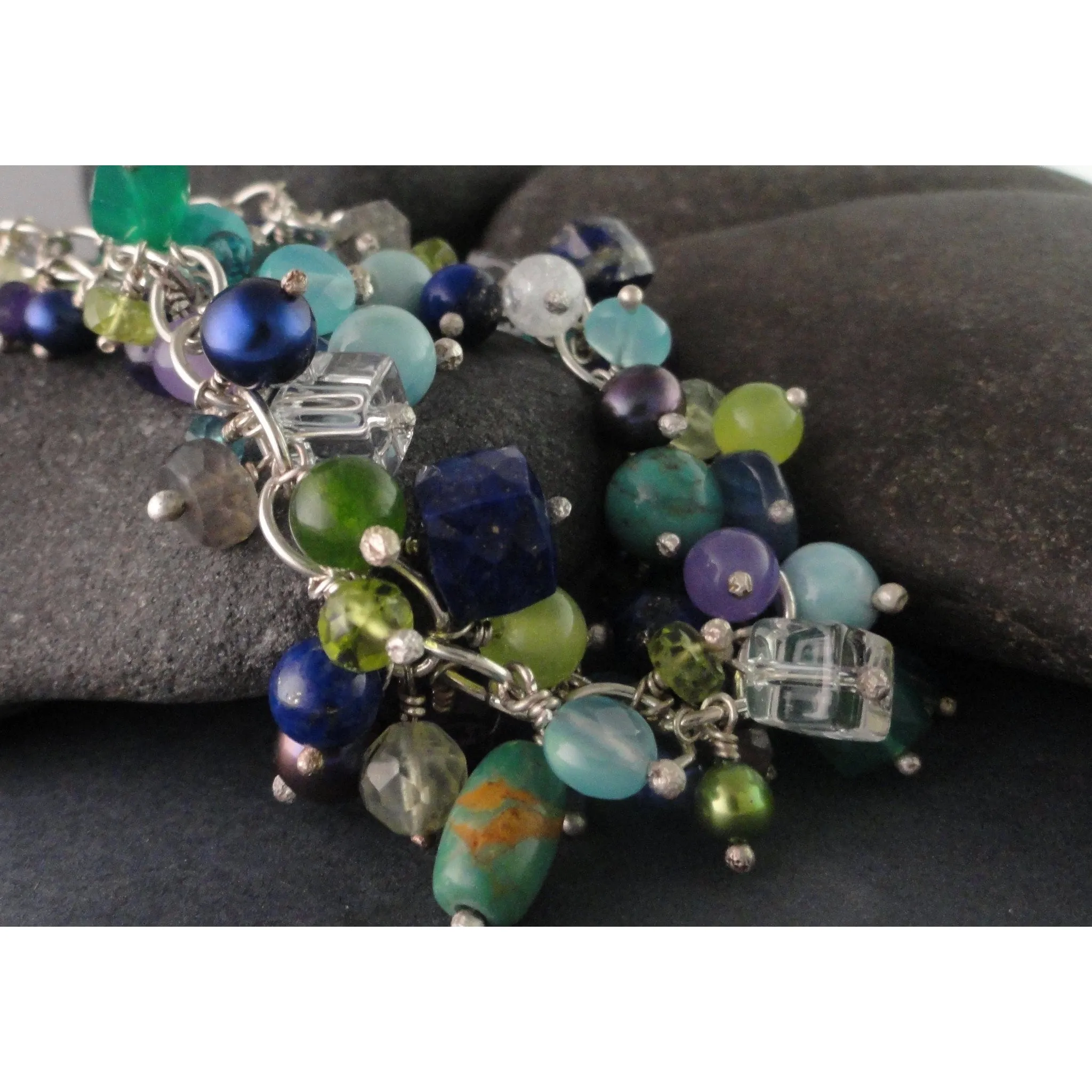 Blues, Green, Purples Sterling Silver Multi-Beaded Bracelet