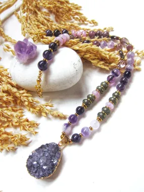 Bohemian Amethyst, Kunzite, Purple Phantom Quartz, Druzy Pendant Beaded Mala Necklace