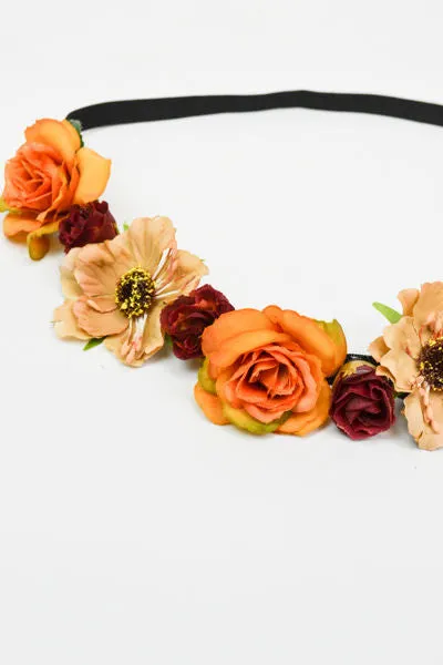 Bohemian Flower Crown Peach Burgundy Ivory Roses Floral Hair Wreath Hippie Gypsy