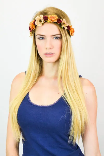 Bohemian Flower Crown Peach Burgundy Ivory Roses Floral Hair Wreath Hippie Gypsy