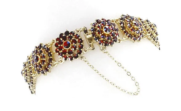 Bohemian Garnet Flower Blossom Link Bracelet in Sterling Silver with Yellow Gold Vermeil