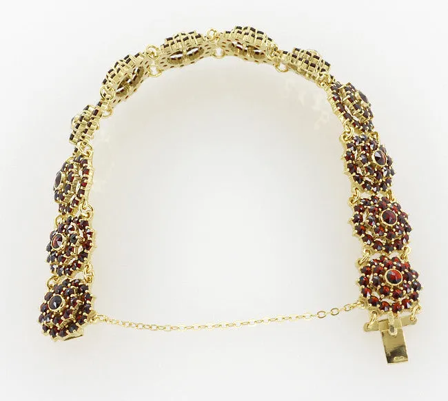 Bohemian Garnet Flower Blossom Link Bracelet in Sterling Silver with Yellow Gold Vermeil