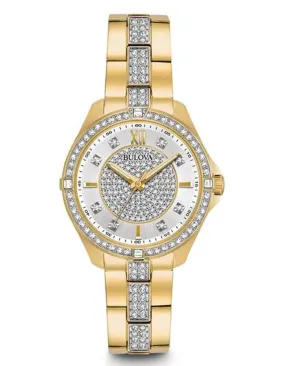 Bulova Womens Crystal Dress Watch - Gold-Tone - Bracelet - Silver Crystal Dial