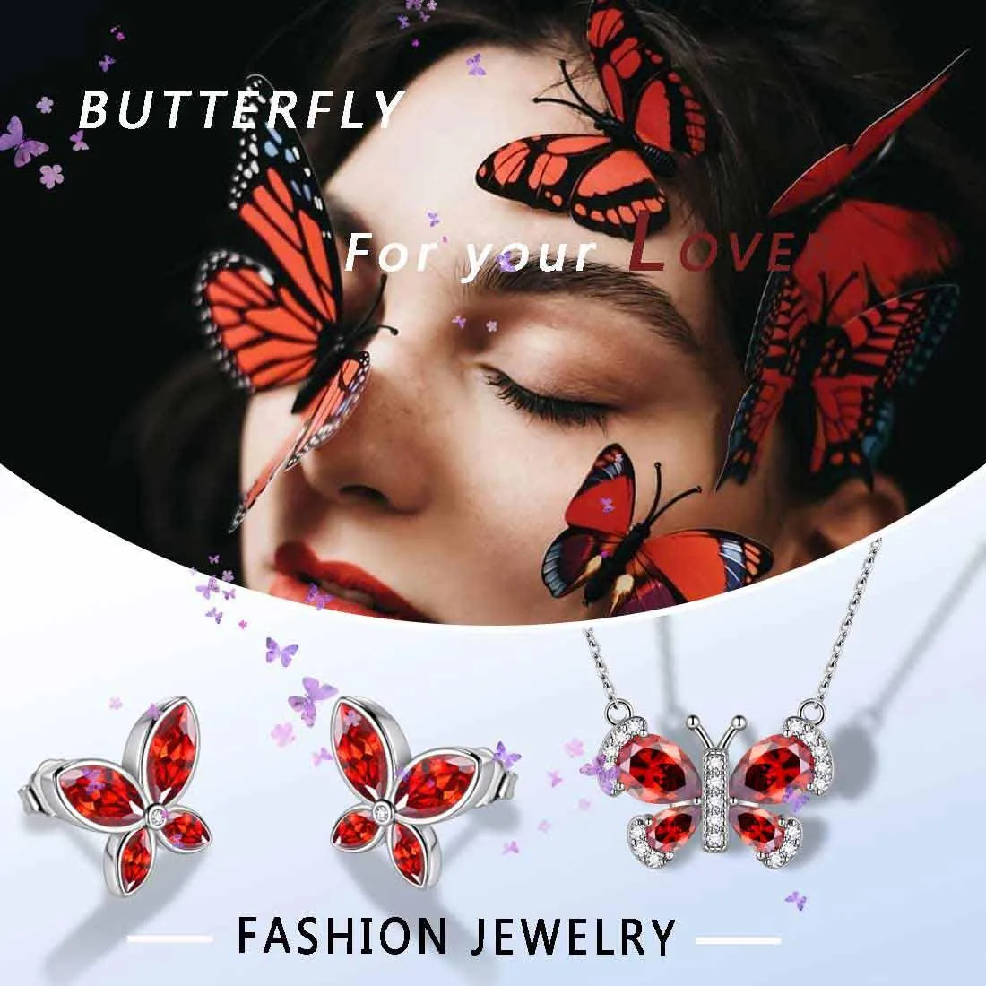 Butterfly Birthstone January Garnet Jewelry Set 3PCS Women Girls Birthday Gift