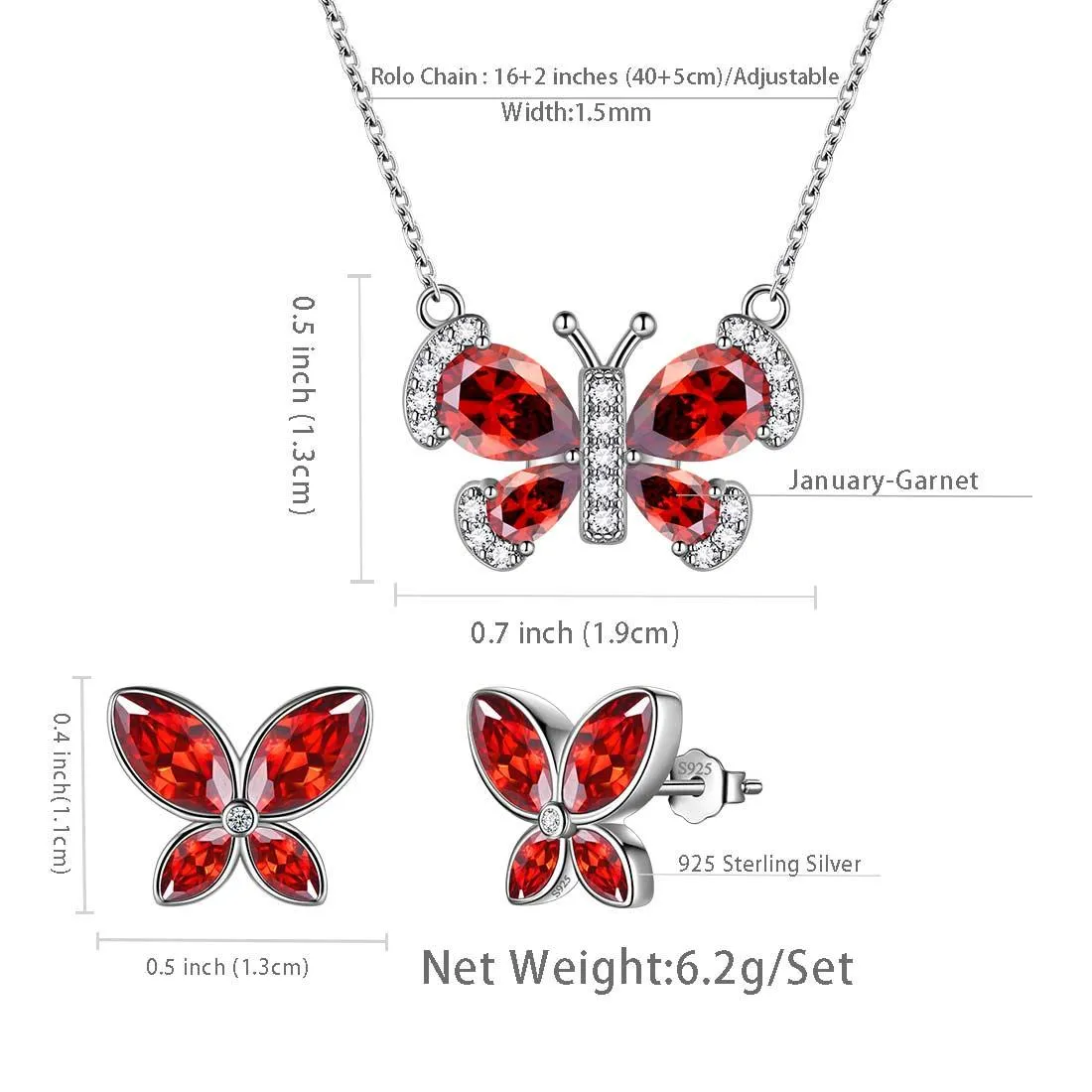 Butterfly Birthstone January Garnet Jewelry Set 3PCS Women Girls Birthday Gift