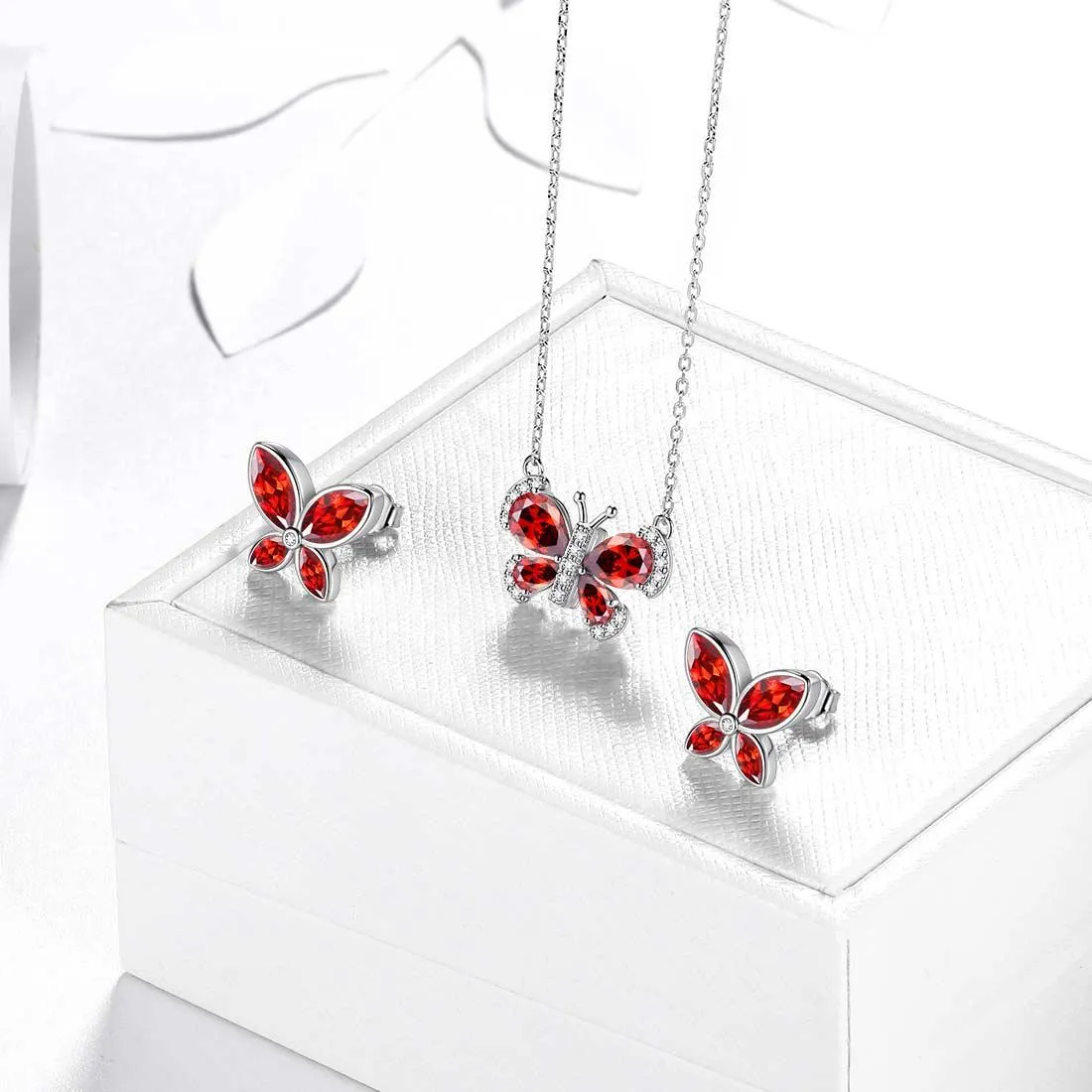 Butterfly Birthstone January Garnet Jewelry Set 3PCS Women Girls Birthday Gift