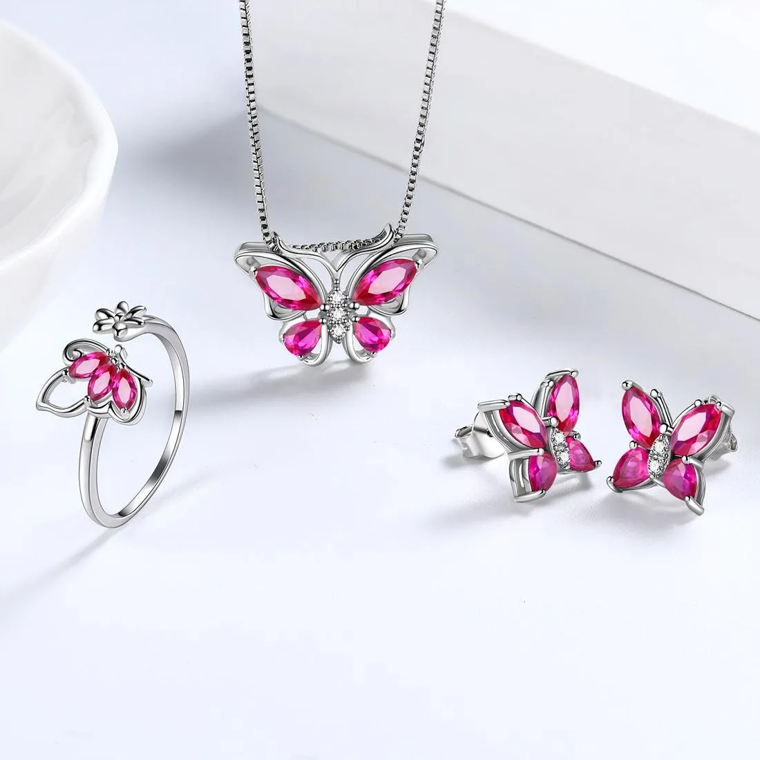 Butterfly Birthstone July Ruby Jewelry Set 4PCS Women Girls Jewelry Birthday Gift