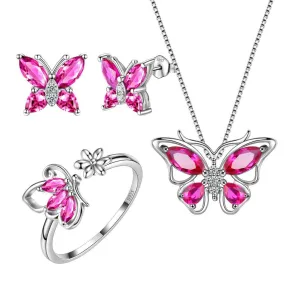 Butterfly Birthstone July Ruby Jewelry Set 4PCS Women Girls Jewelry Birthday Gift