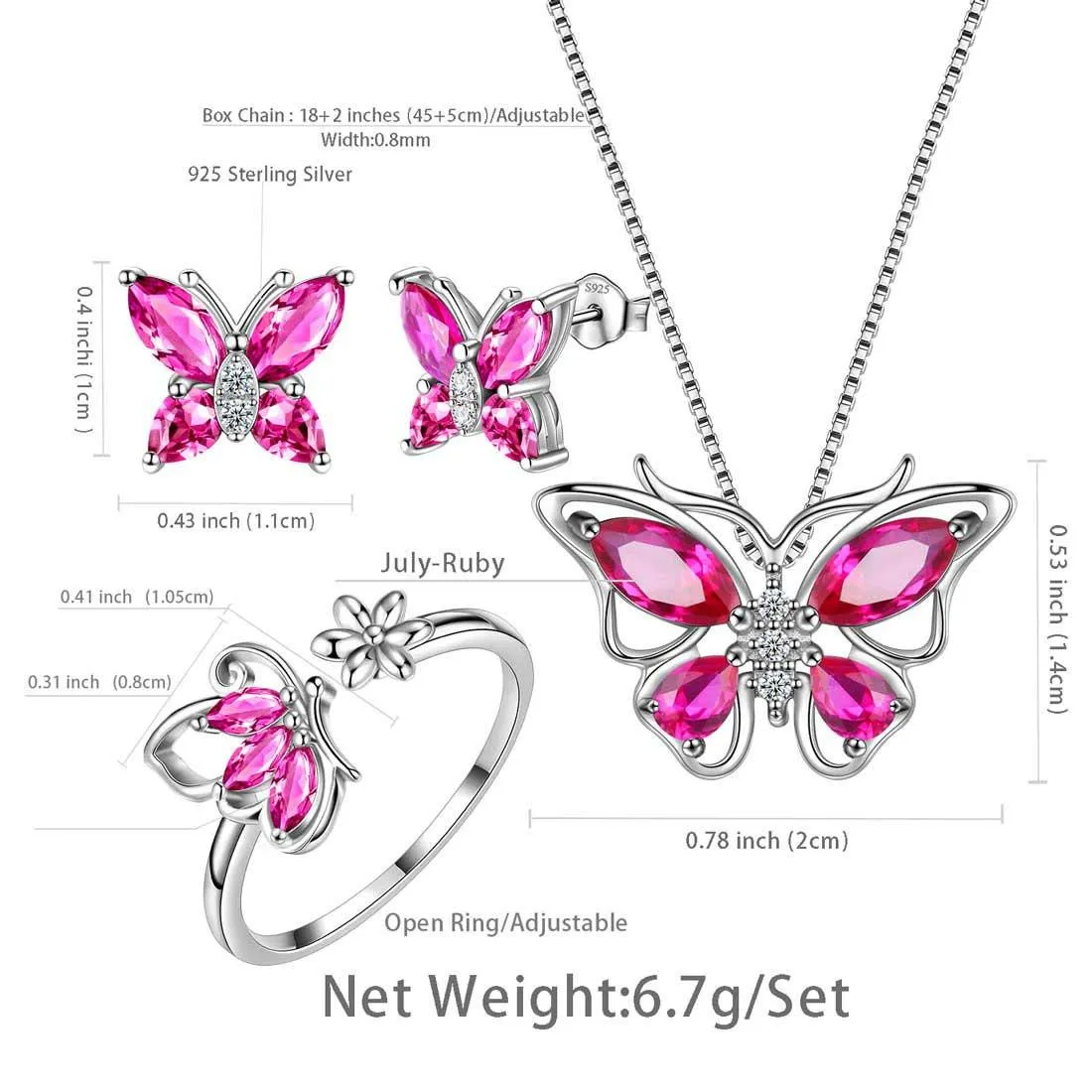 Butterfly Birthstone July Ruby Jewelry Set 4PCS Women Girls Jewelry Birthday Gift