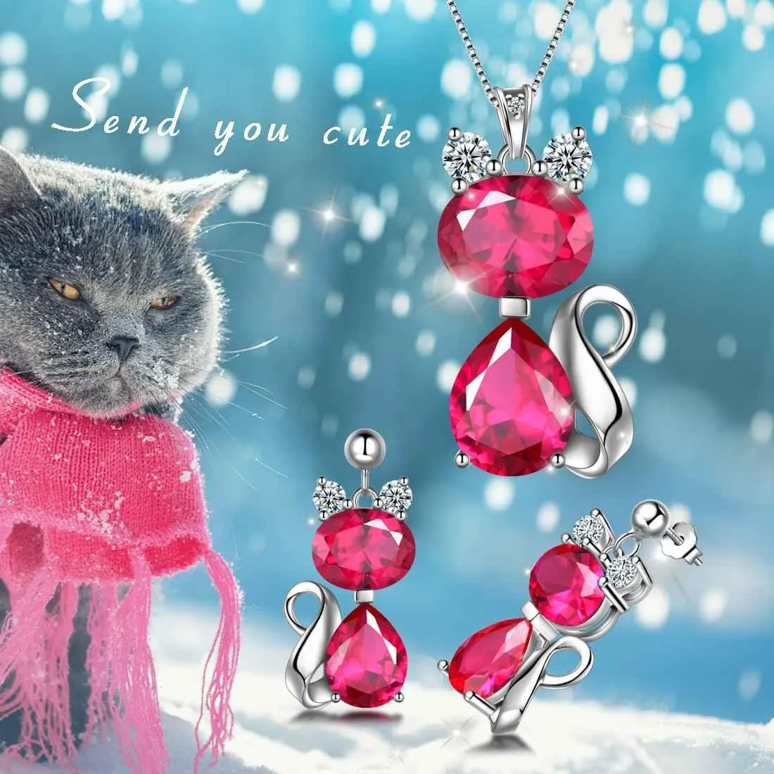 Cat Birthstone July Ruby Necklace Earring Jewelry Set Women Girls Birthday Gift