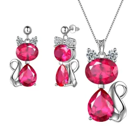 Cat Birthstone July Ruby Necklace Earring Jewelry Set Women Girls Birthday Gift