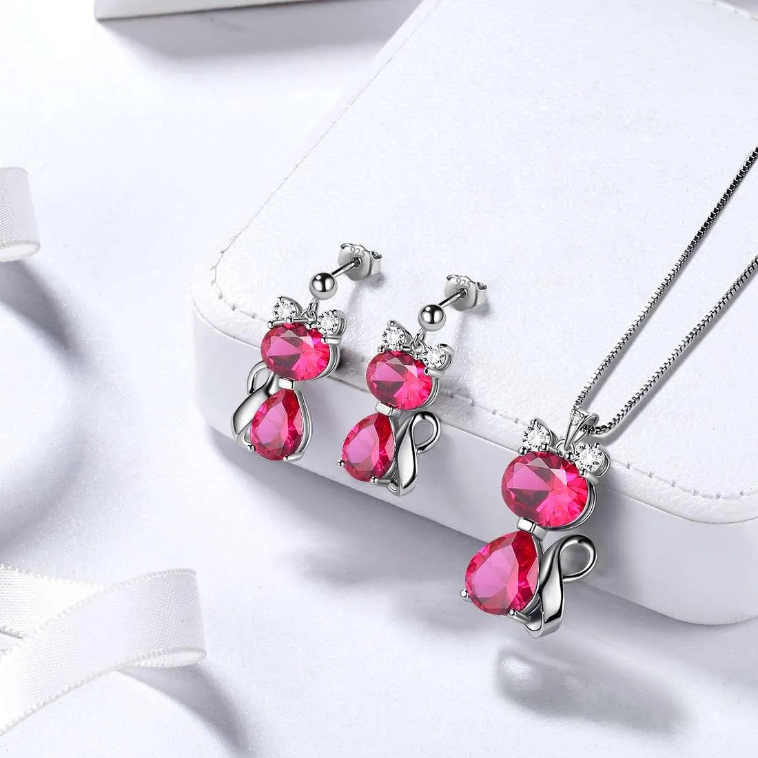 Cat Birthstone July Ruby Necklace Earring Jewelry Set Women Girls Birthday Gift