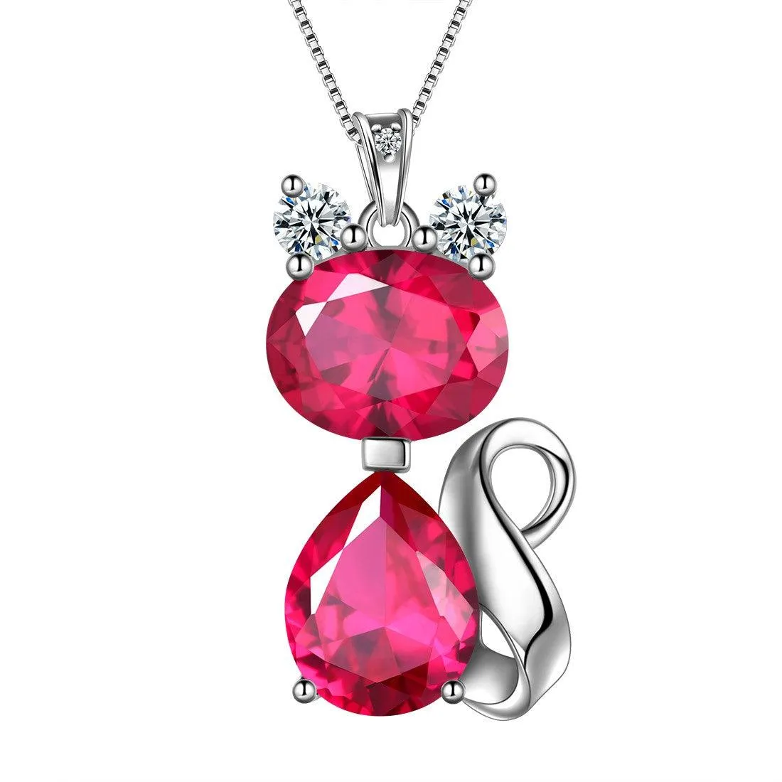 Cat Birthstone July Ruby Necklace Women Girls Jewelry Birthday Gift Sterling Silver