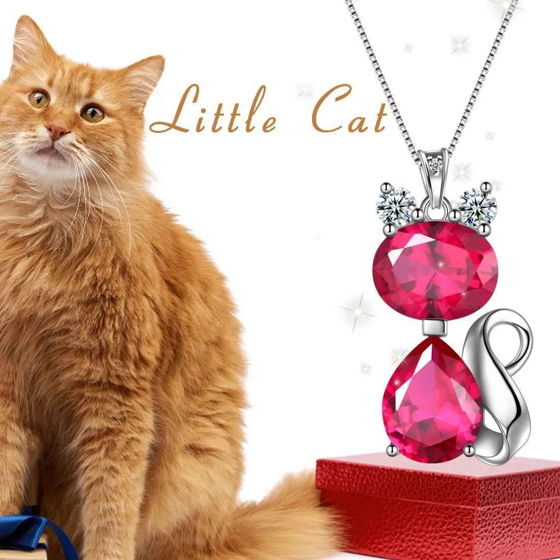 Cat Birthstone July Ruby Necklace Women Girls Jewelry Birthday Gift Sterling Silver