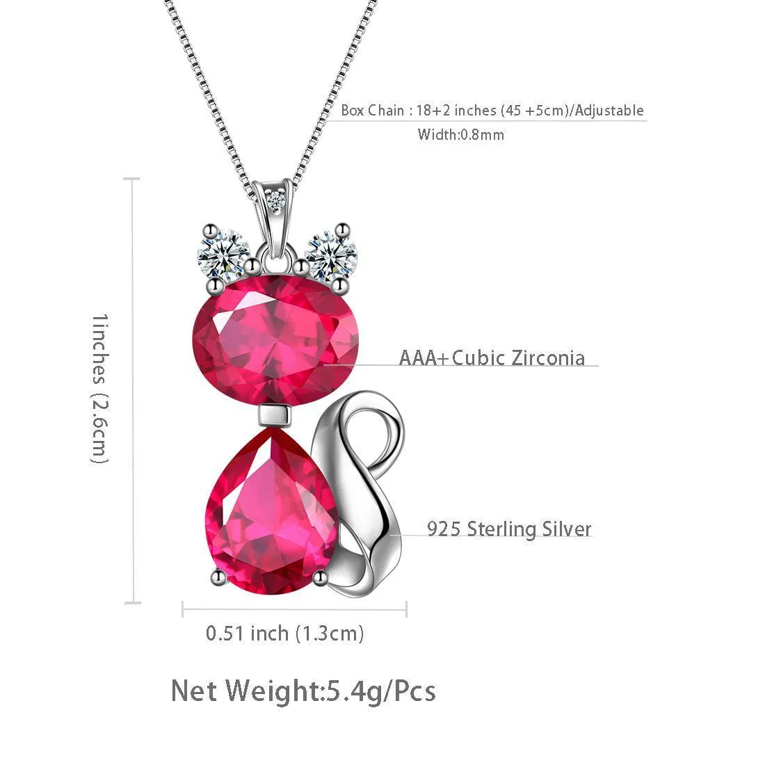 Cat Birthstone July Ruby Necklace Women Girls Jewelry Birthday Gift Sterling Silver