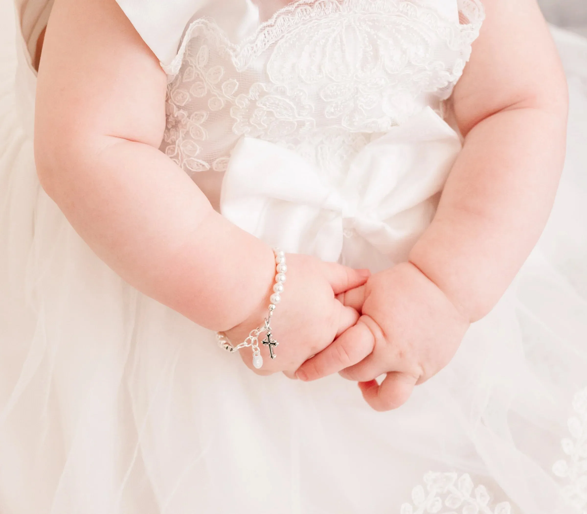 Cherished Moments Sterling Silver Simulated Pearl with Cross Baptism Medium Bracelet