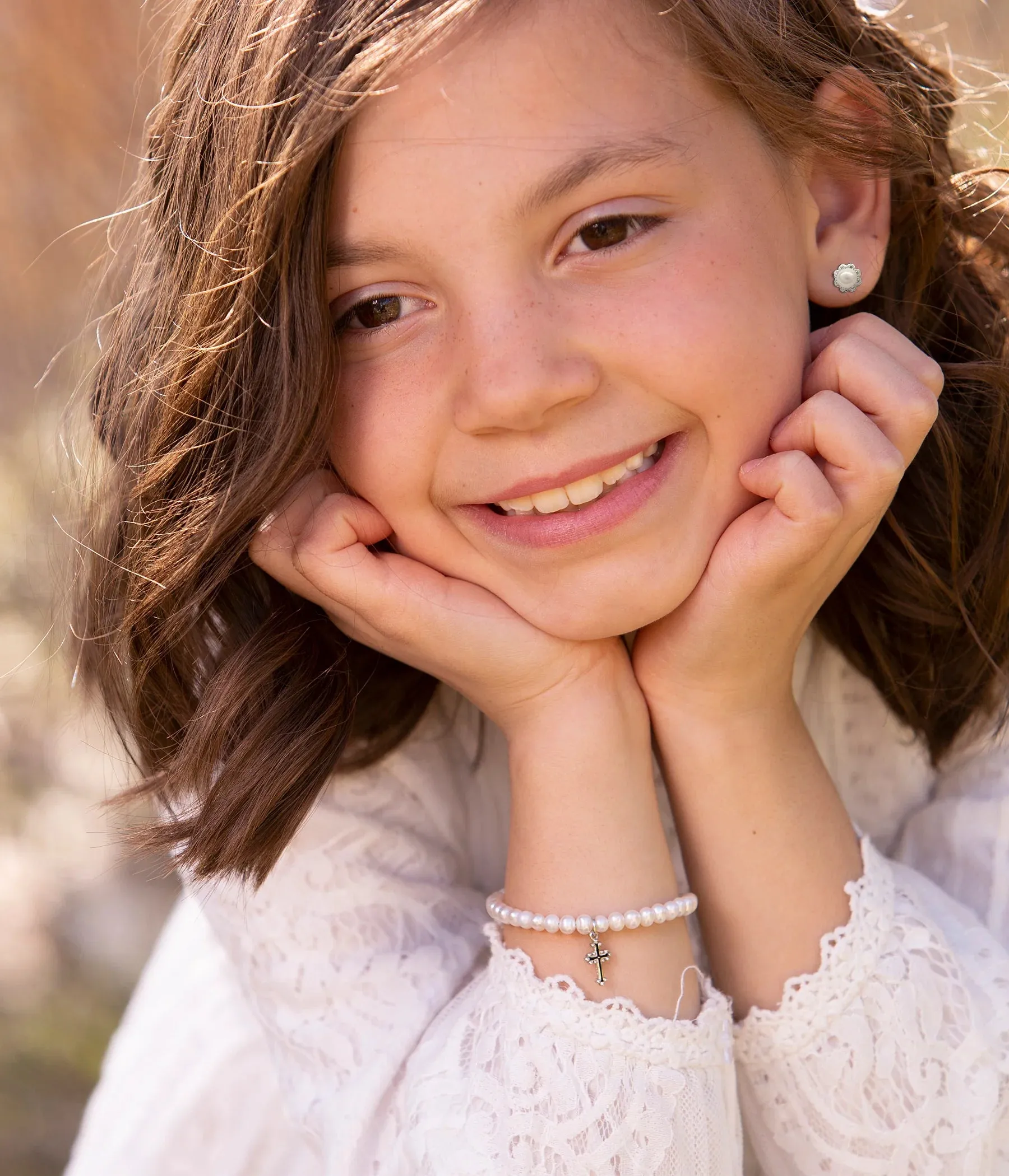 Cherished Moments Sterling Silver Simulated Pearl with Cross Baptism Small Bracelet