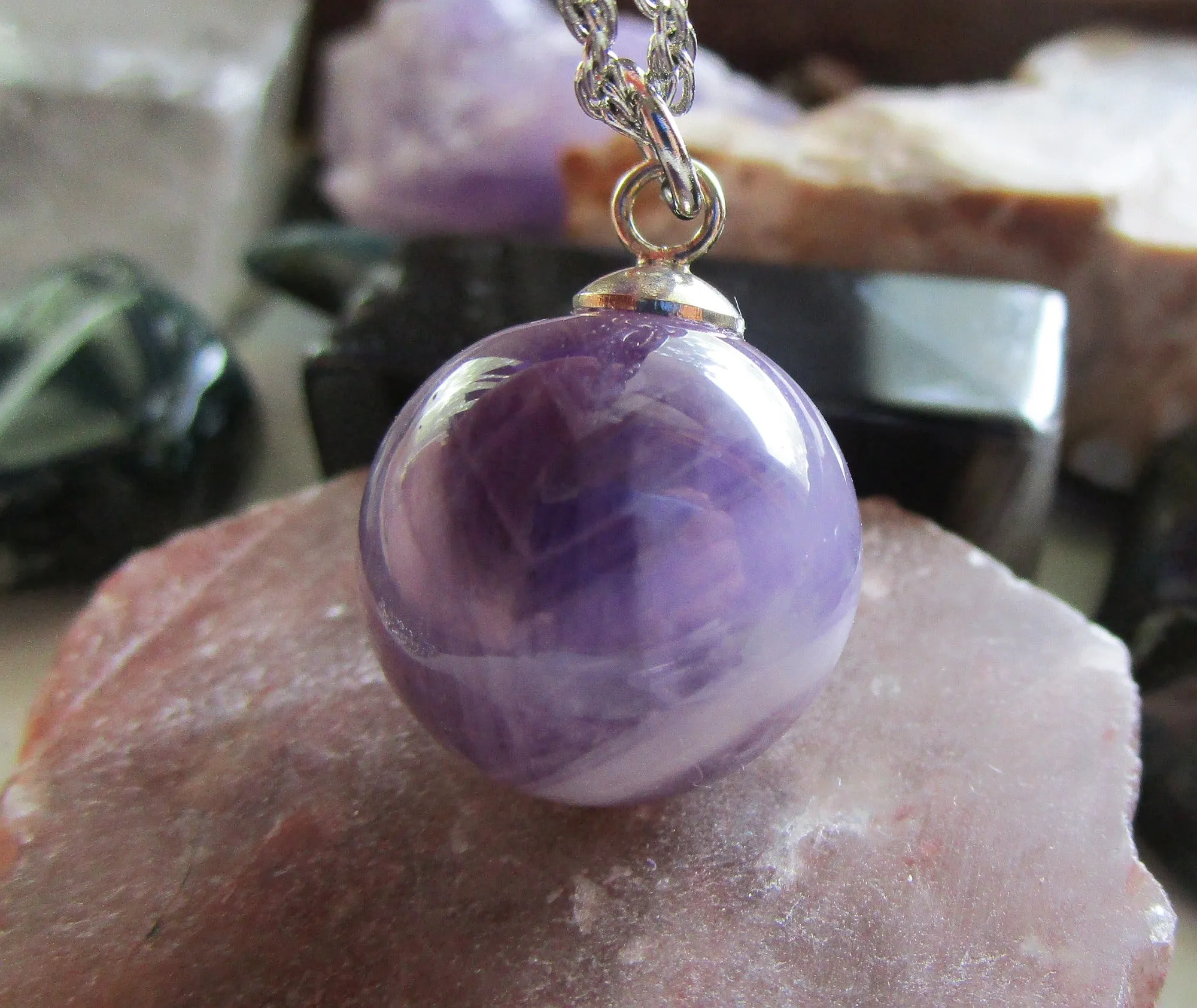 Chevron Amethyst Natural Purple Crystal Ball Pendant Necklace