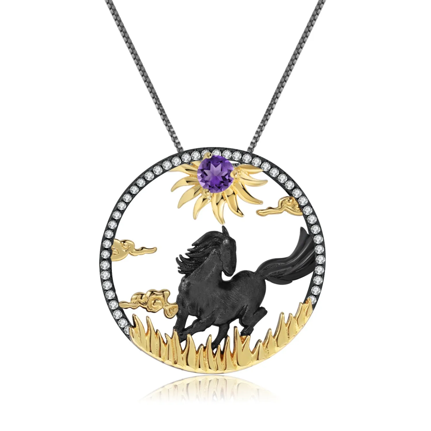 Chinese Style Element Design Zodiac Series Horse Natural Gemstone Pendant Silver Necklace for Women