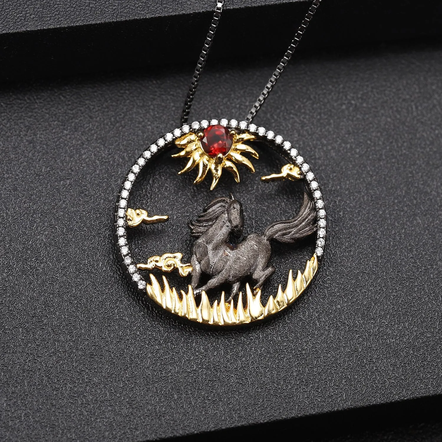 Chinese Style Element Design Zodiac Series Horse Natural Gemstone Pendant Silver Necklace for Women