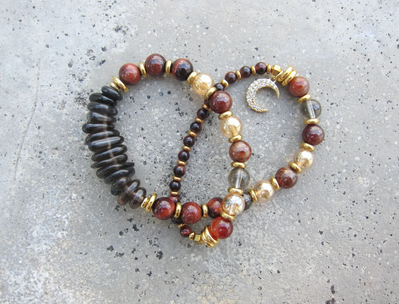 Confidence, Calming   Protection Mala Bracelet - Red Tiger Eye and Smoky Quartz