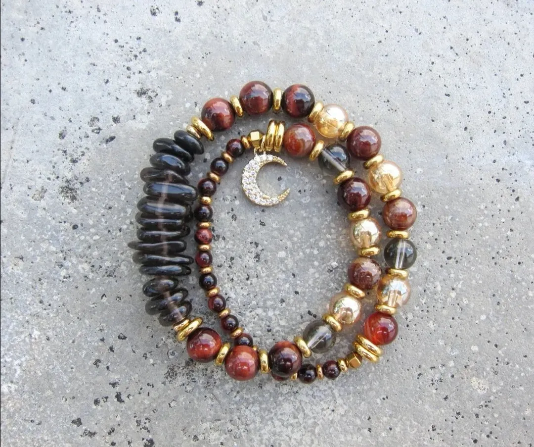 Confidence, Calming   Protection Mala Bracelet - Red Tiger Eye and Smoky Quartz