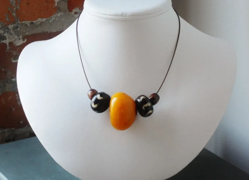 Copal Amber Resin and Vintage Batik Bone Yellow Brown Minimalist Unisex Necklace, The Maxwell