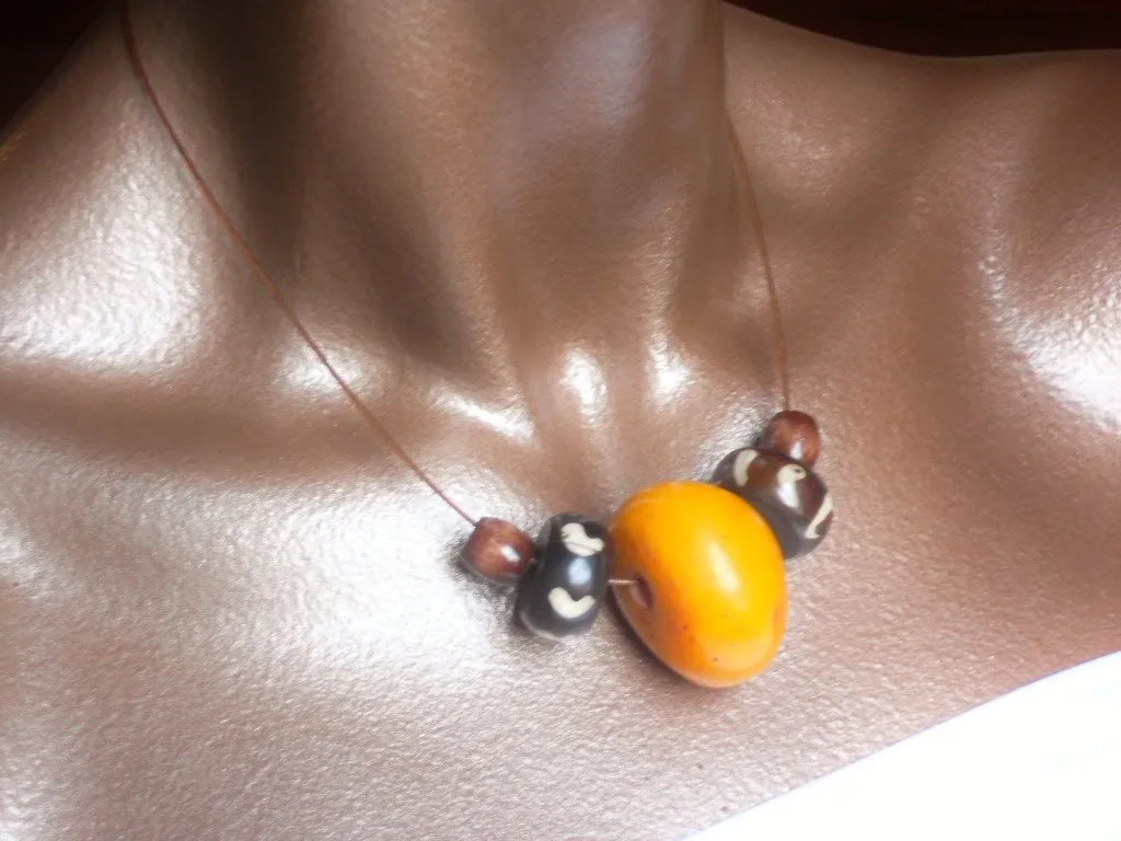 Copal Amber Resin and Vintage Batik Bone Yellow Brown Minimalist Unisex Necklace, The Maxwell