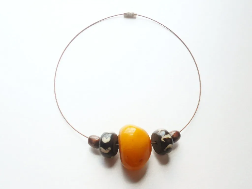 Copal Amber Resin and Vintage Batik Bone Yellow Brown Minimalist Unisex Necklace, The Maxwell