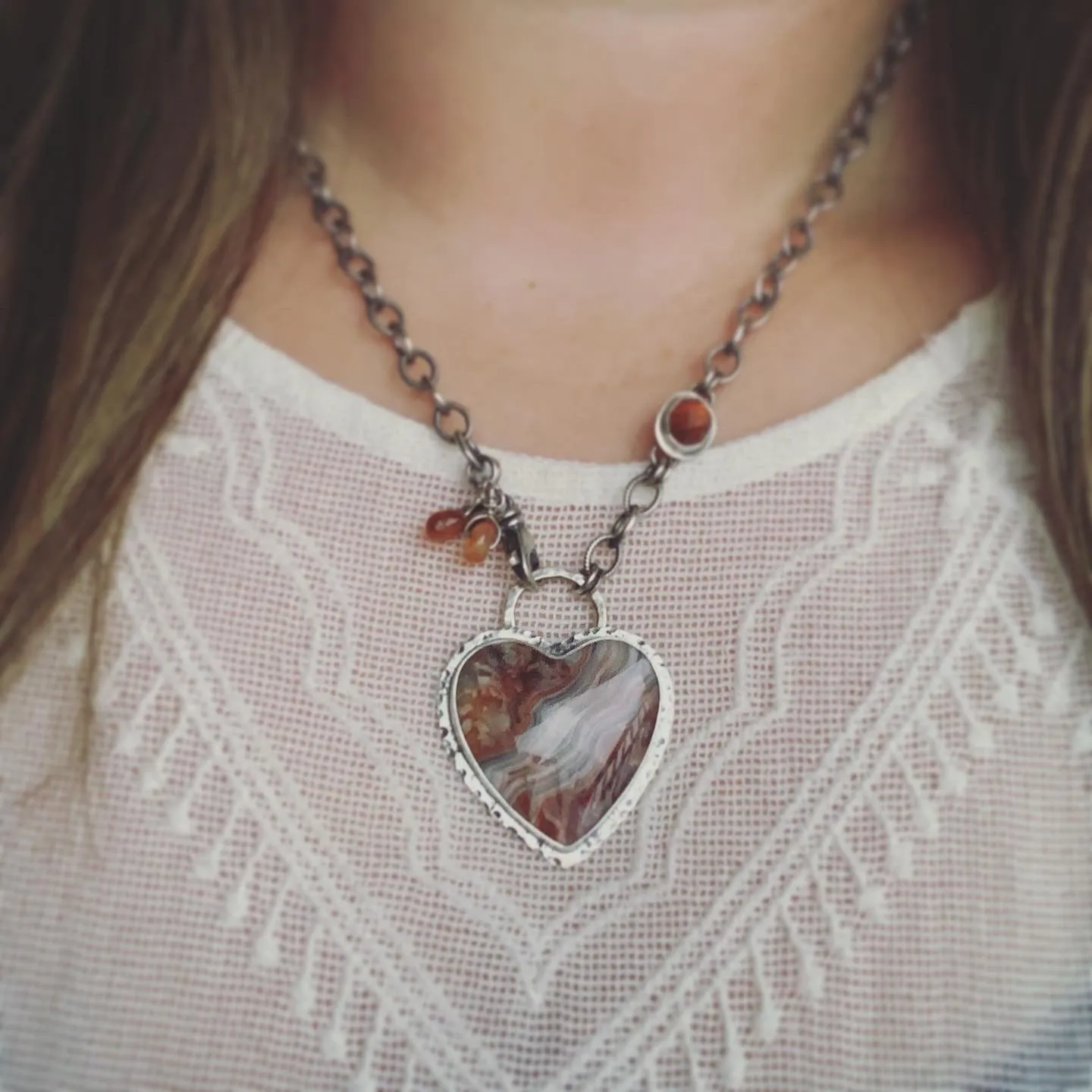 Crazy Lace Agate, Hessonite Garnet and Sterling Silver Heart Necklace