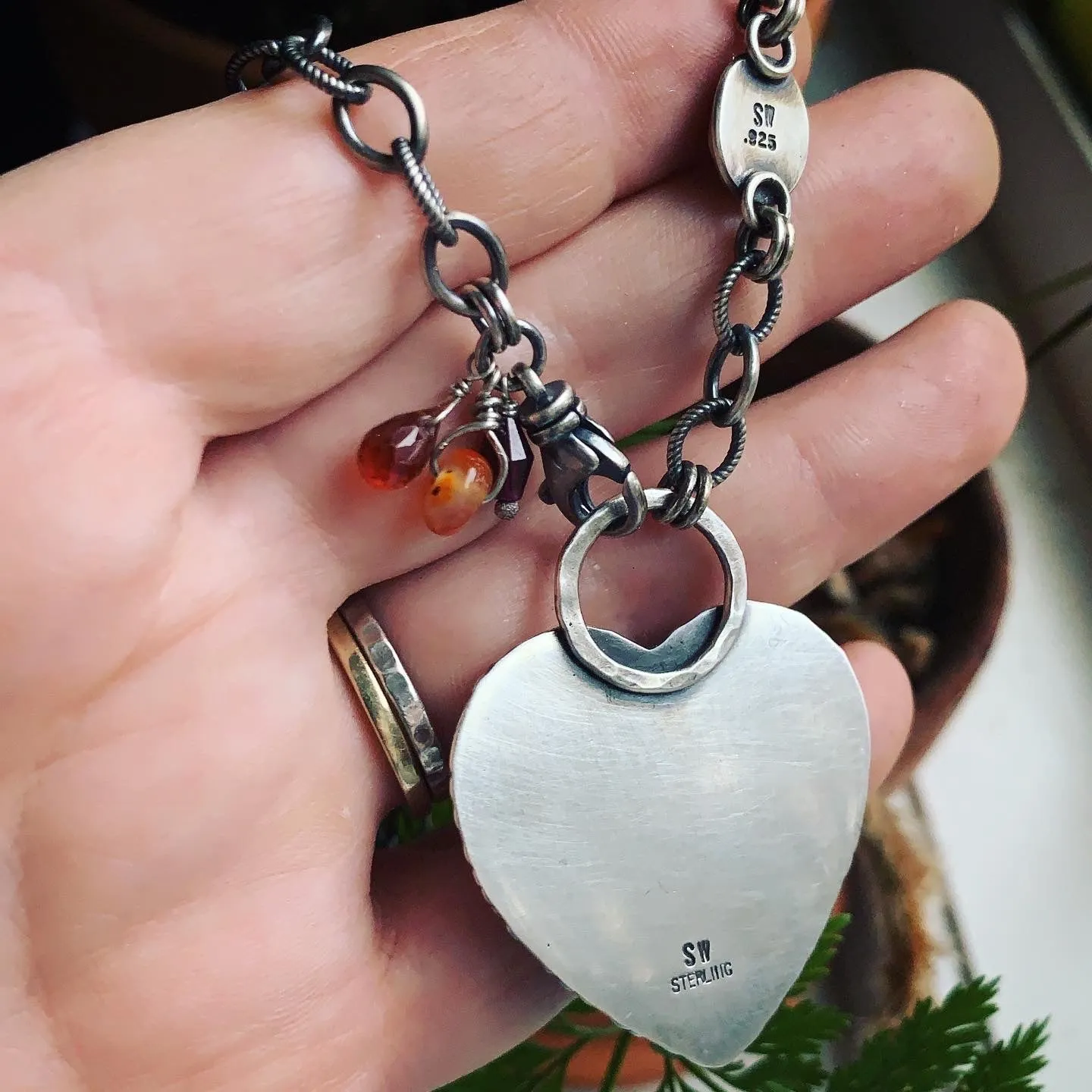 Crazy Lace Agate, Hessonite Garnet and Sterling Silver Heart Necklace