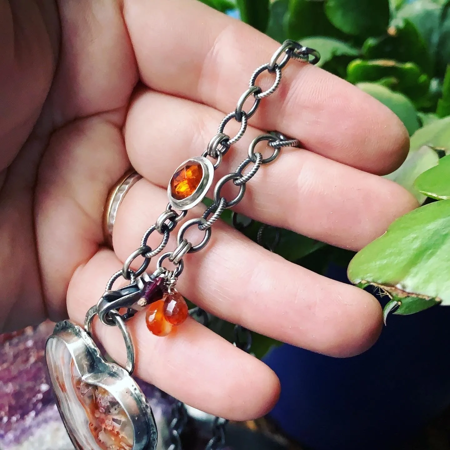 Crazy Lace Agate, Hessonite Garnet and Sterling Silver Heart Necklace