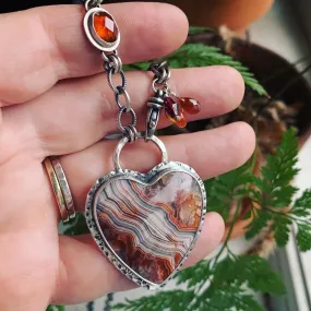 Crazy Lace Agate, Hessonite Garnet and Sterling Silver Heart Necklace