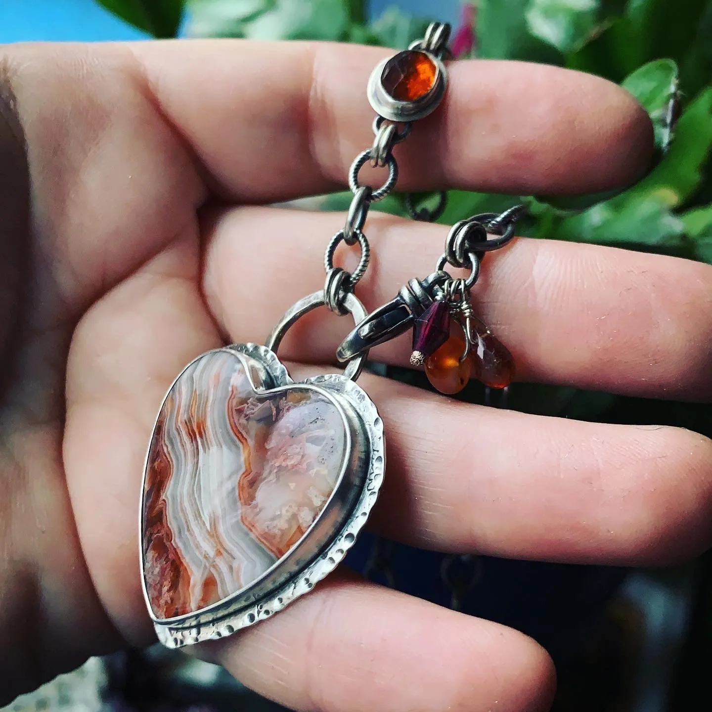 Crazy Lace Agate, Hessonite Garnet and Sterling Silver Heart Necklace