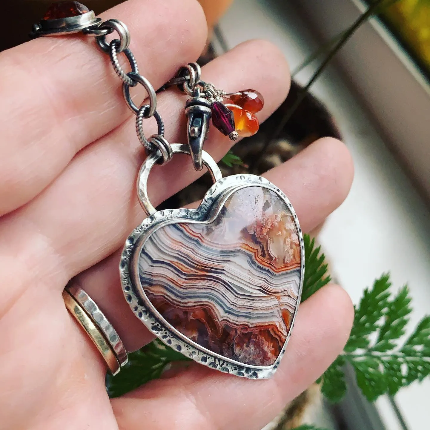 Crazy Lace Agate, Hessonite Garnet and Sterling Silver Heart Necklace