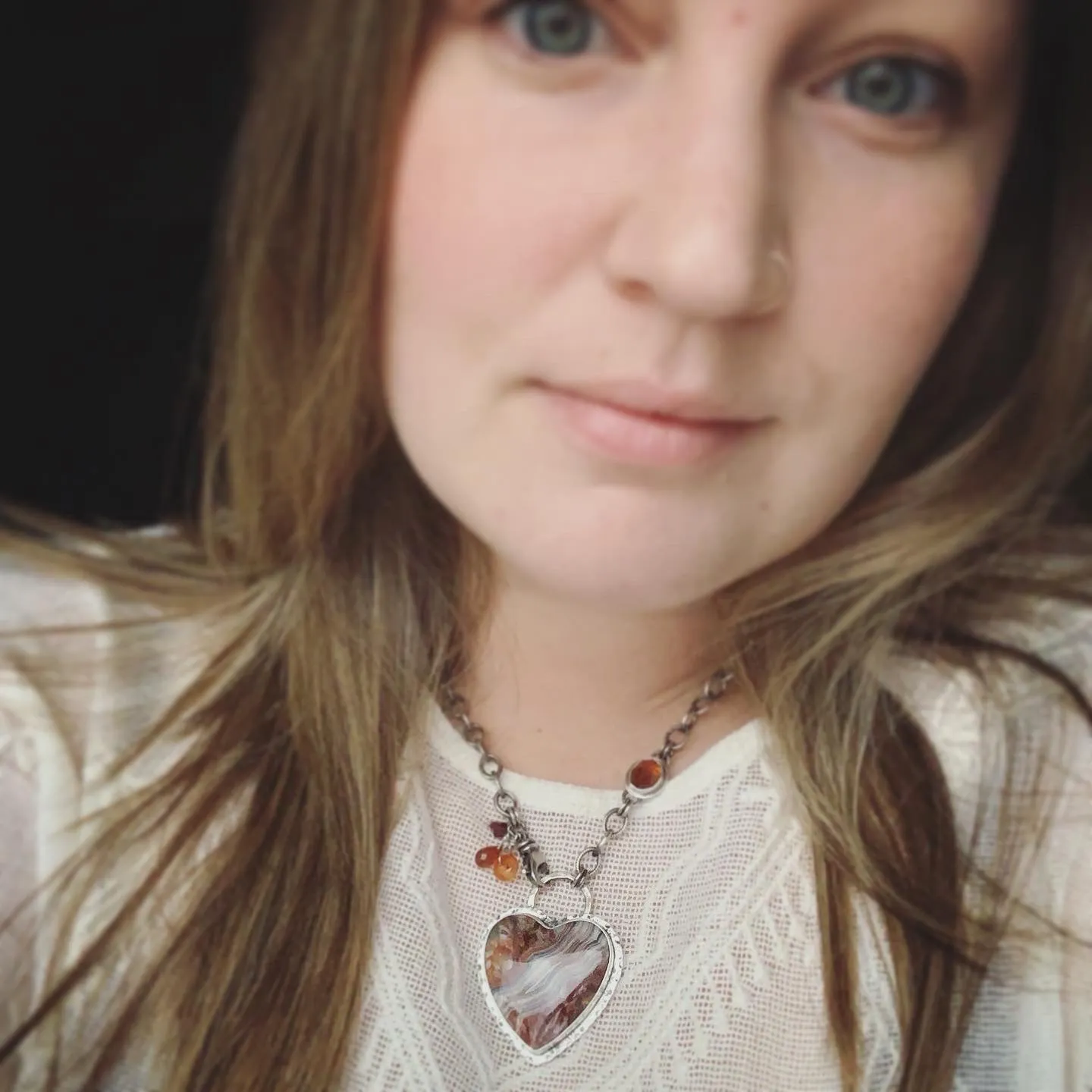 Crazy Lace Agate, Hessonite Garnet and Sterling Silver Heart Necklace