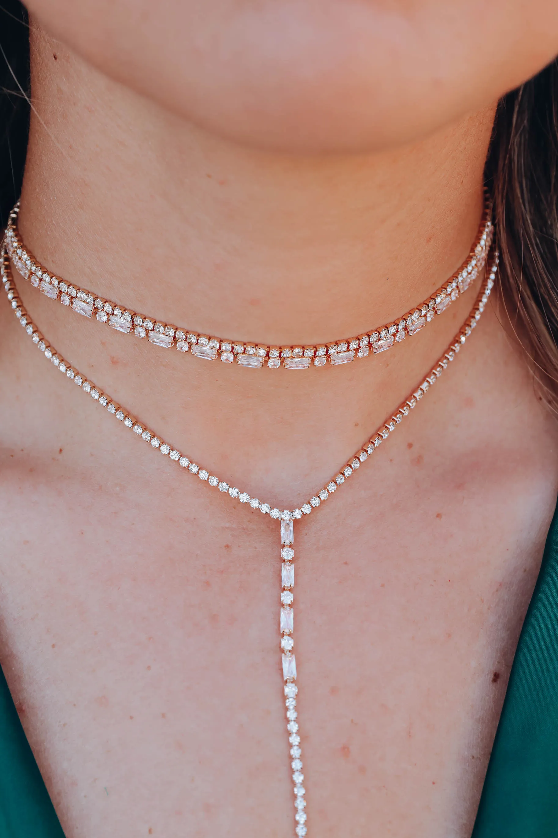 Crystal Choker N Lariat Necklace Set - Gold