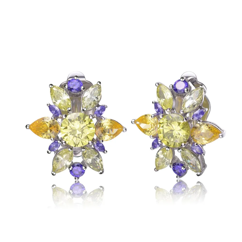 Cubic Zirconia Sterling Silver Rhodium Plated Lemon, Amethyst And Peridot Flower Earrings